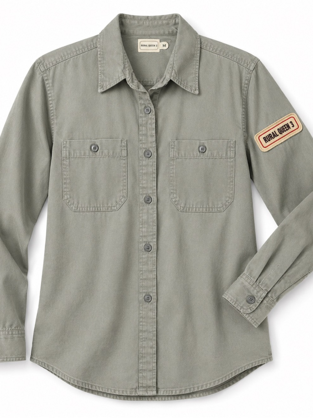 Women’s Grunge Era 90s Button-Down Work Shirt - Gray-Green Campy Military
